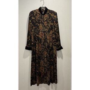 Vintage JESSICA HOWARD Button Front Black Floral Tapestry‎ Dress Buttons Maxi